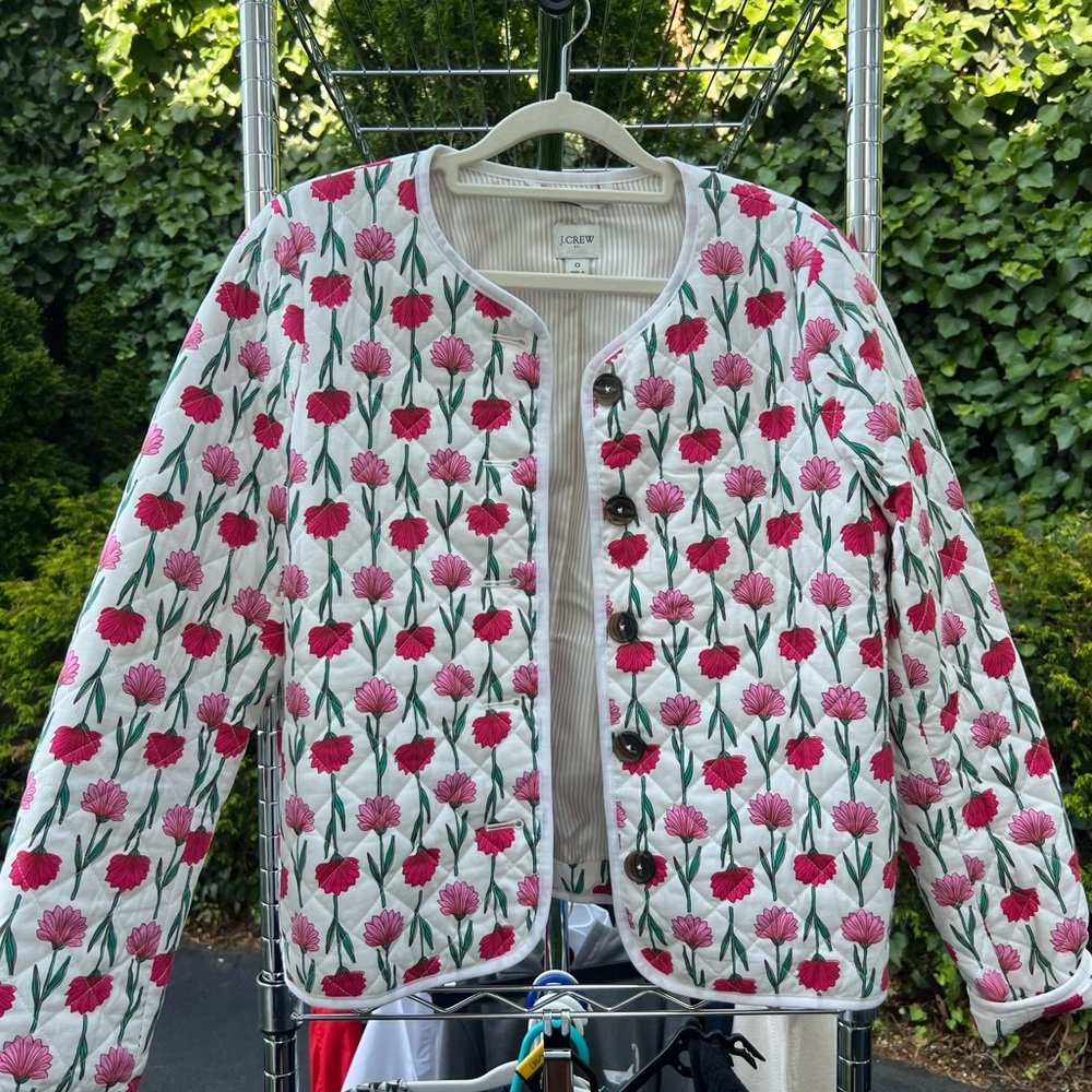 J. Crew Pink and White Puffer Jacket with Floral Design